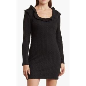 19 Cooper Dress Knit Ruffle Long Sleeve Scoop Neck Bodycon Mini Black NWT XL